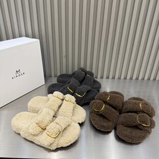 欧美风时尚毛毛拖鞋女外穿秋冬双扣带软底百搭休闲毛绒懒人一脚蹬