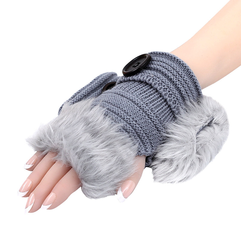 秋冬季女款短款保暖半指手套针织毛线仿兔毛露指键盘手套加厚触屏