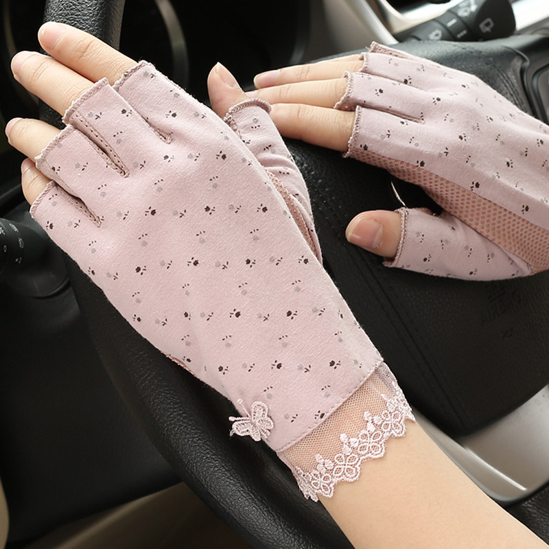 夏季开车防晒手套女半指纯棉短款骑电动车透气防滑露指薄采茶美甲