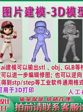 2D图片3D建模ai建模STL3D打印 obj、glb可修图、逆向建模step igs