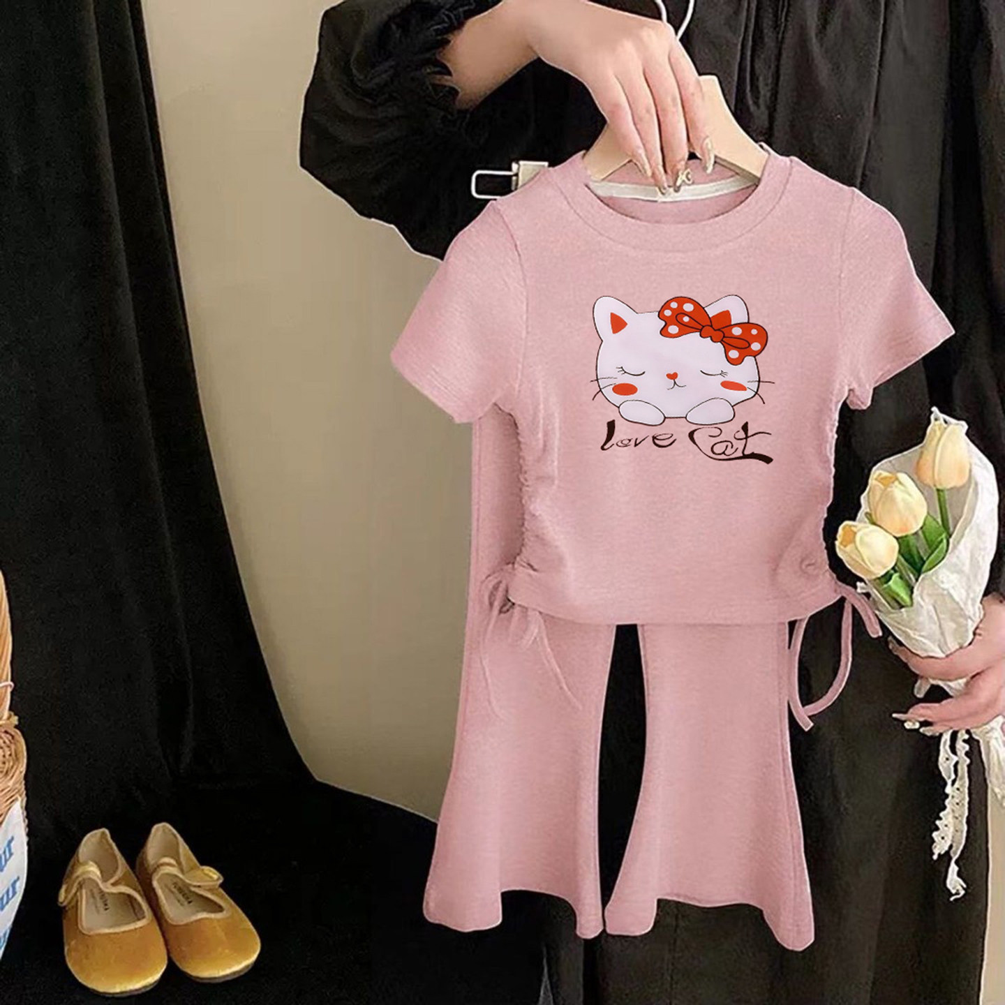新款女童抽绳短袖喇叭裤套装夏季洋气休闲时髦卡通女宝爆款酷T恤