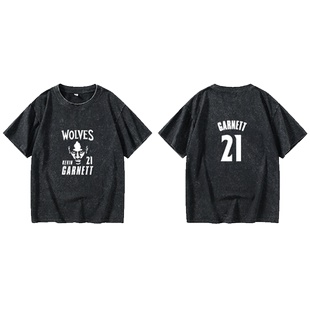 加内特退役纪念 森林狼21号球衣T恤短袖潮衣服女男圆领大码宽松夏