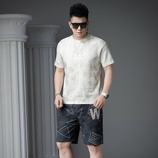 新中式 衫 高端欧货T恤男士 宽松圆领破洞半袖 潮牌提花短袖 2026新款