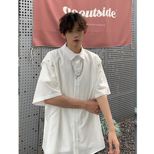 男宽松凉感痞帅高级感解构情侣衬衣 衬衫 2026春夏新中式 风白色短袖