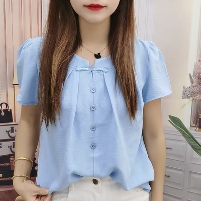 短袖雪纺衬衫女宽松遮肚衬衣2025夏季新款复古盘扣小衫短款上衣女