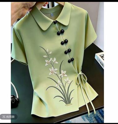复古唐装新款时尚百搭显瘦娃娃领半袖衬衫女设计感小众短袖上衣潮