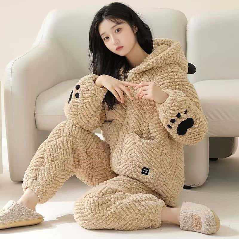 睡衣秋冬季加厚加绒冬季女士开衫法兰绒可爱家居服套装爆款大码