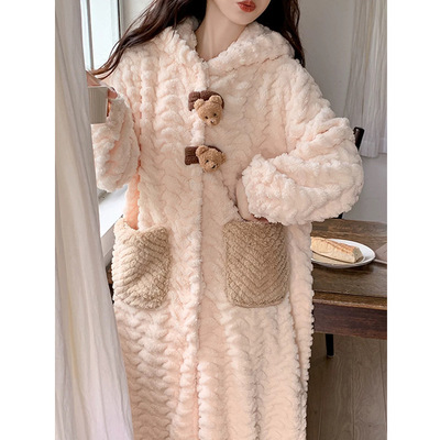 爆款小熊韩版睡衣女秋冬季新款珊瑚绒加厚连帽长款睡袍睡裙可外穿