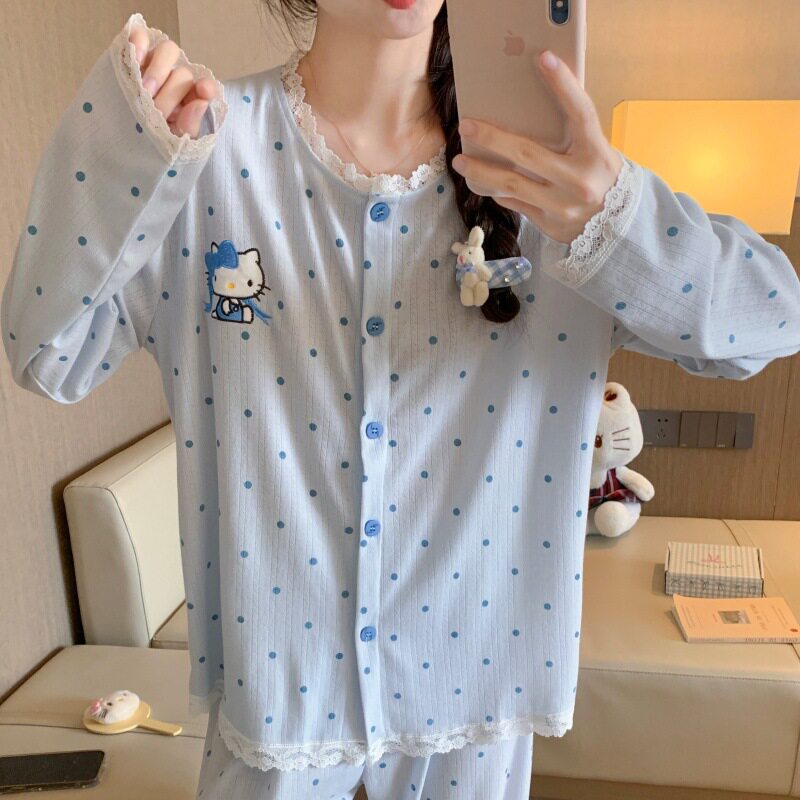 可爱Kitty猫针织棉睡衣女款春秋季2026新款卡通少女家居服套装冬