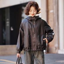 海宁真皮皮衣外套女短款加绒加厚2025秋冬新款韩版宽松大码连帽潮