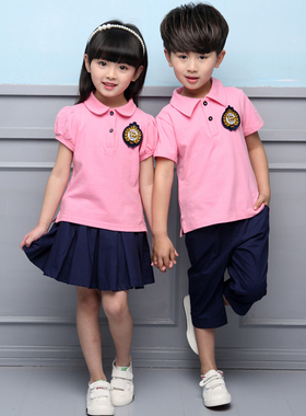 小学生校服夏装粉色短袖polo衫幼儿园园服夏季毕业英伦学院风班服