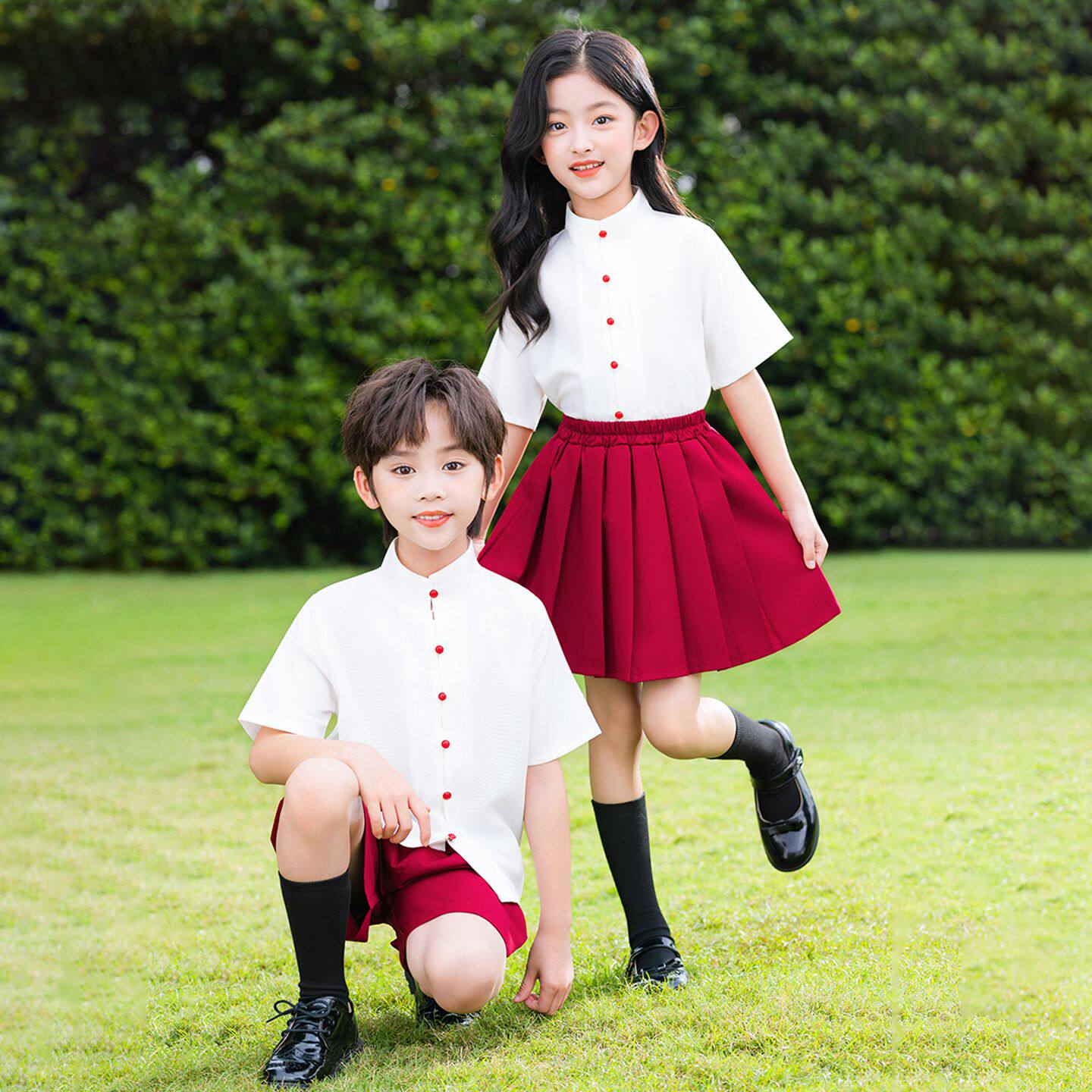 夏季红色儿童演出服幼儿园园服小学生大合唱朗诵表演服中式服套装