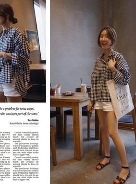 k790 韩国女装新品2025格子纯棉宽松前短后长长袖春夏女衬衫防晒