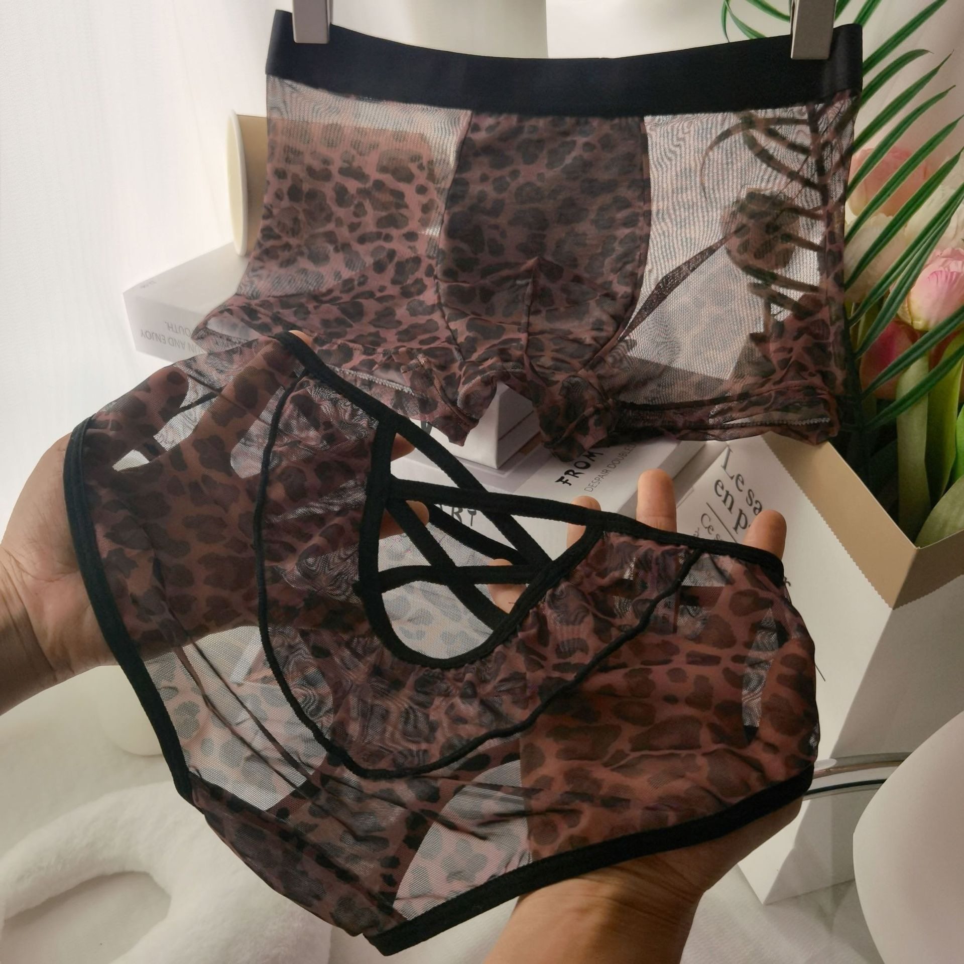 甜米家2条装情侣内裤冰丝蕾丝豹纹一男一女性感纯欲夫妻内衣套装