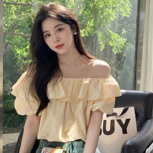 女夏装 辣妹衬衫 韩系小衫 雪纺一字肩短款 法式 上衣女装 复古纯色短袖