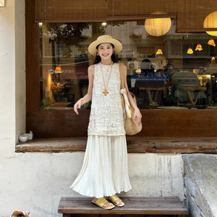海边度假风连衣裙子女2025年夏季 高腰背心套裙 新款 复古高级感法式