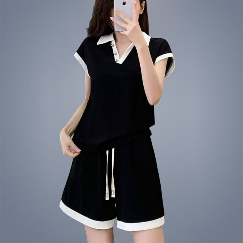 短裤套装夏季女大码遮肚显瘦2025新款小个子休闲条纹两件套