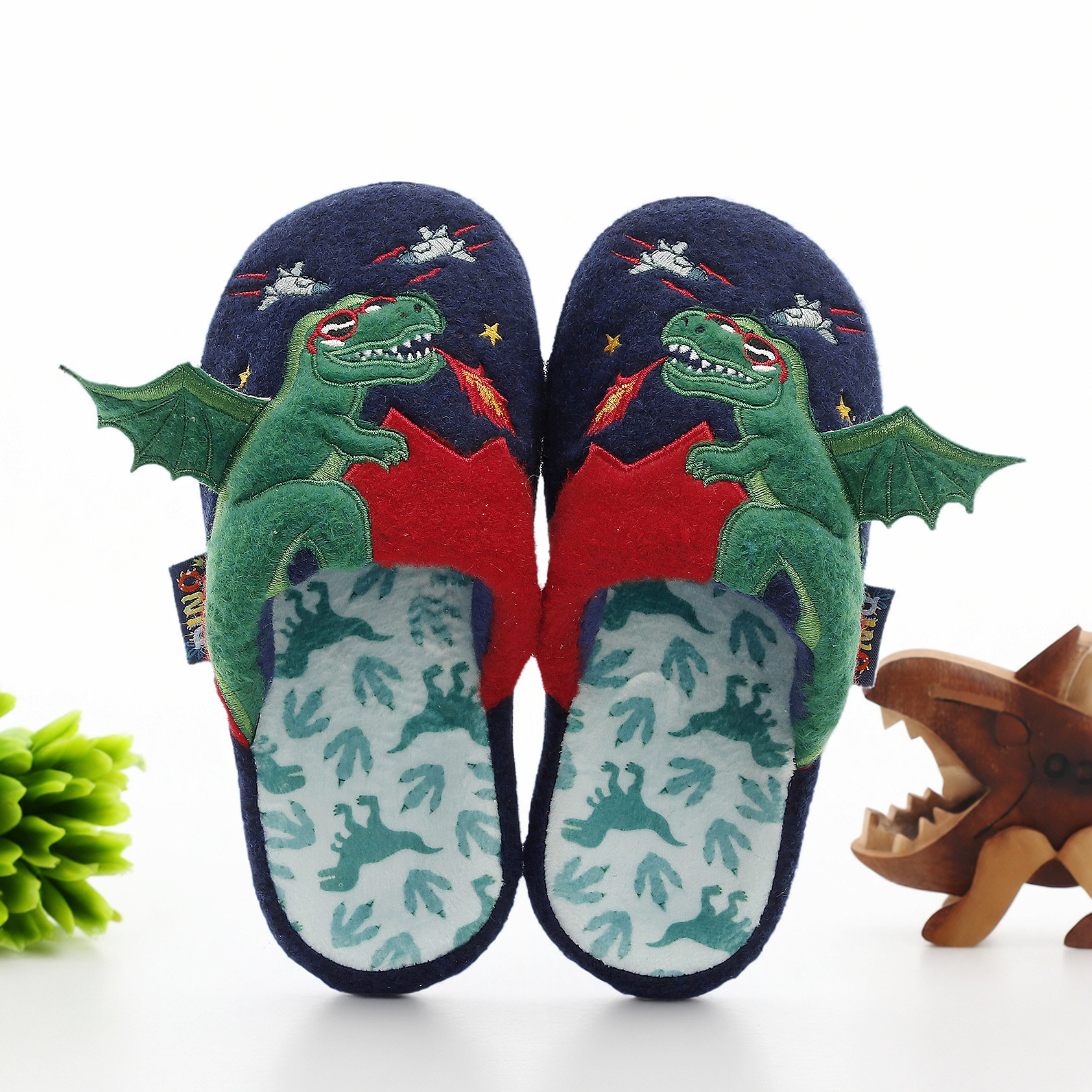家丽芙洋气卡通恐龙包头儿童棉拖鞋偏簿款室内家居男宝宝拖鞋防滑