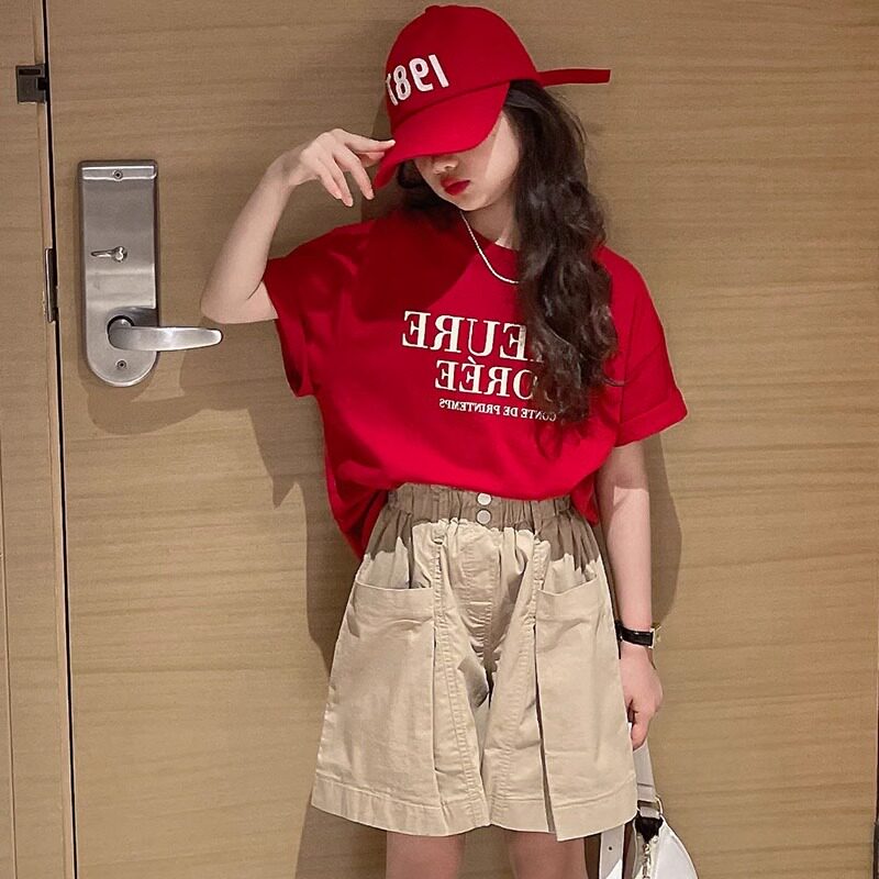 女童短袖T恤夏季新款韩版洋气女大童红色字母打底衫儿童纯棉上衣