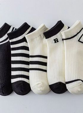 黑白条纹袜子女短袜夏季薄款ins潮百搭高颜值运动简约字母R船袜女
