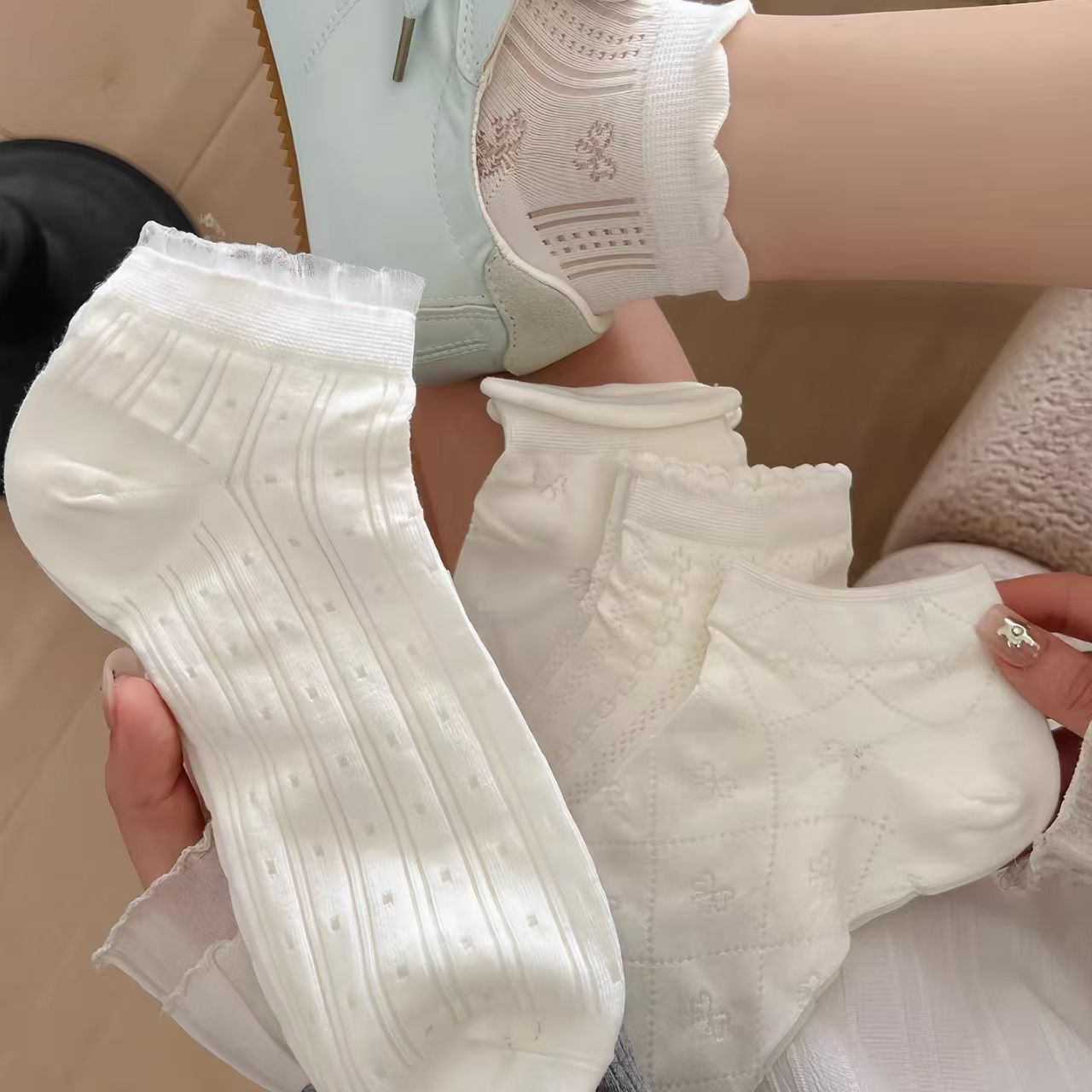 夏季薄款网眼透气蕾丝女船袜