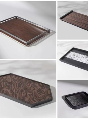 现代简约样板间售楼处皮革木质不规则几何托盘书房桌面装饰摆件