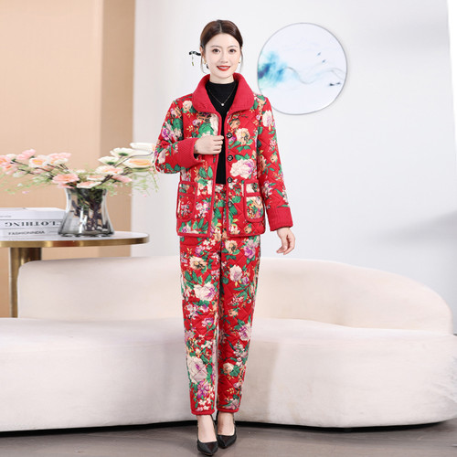 妈妈冬装新款加绒加厚棉衣外套中老年女士东北大花棉袄棉裤两件套