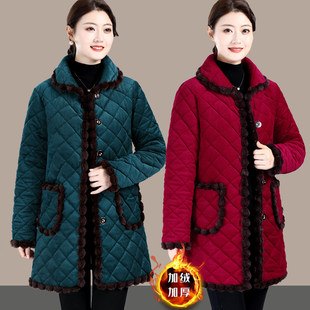 宽松大码 加绒加厚保暖棉衣中老年女装 翻领居家棉衣 中长款 妈妈冬装