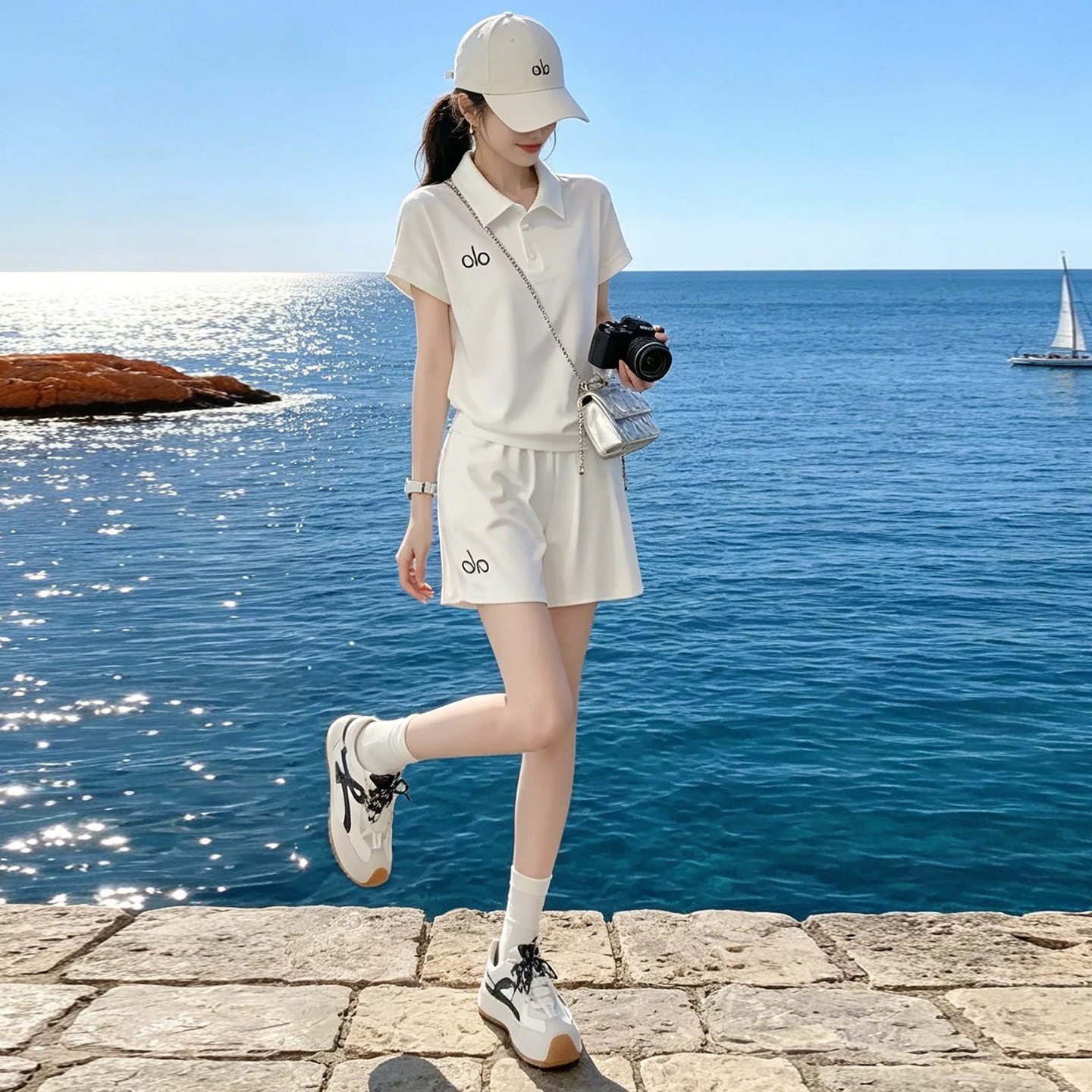 2026夏季休闲运动套装少女士运动风套装黑色白色短袖短裤两件套潮