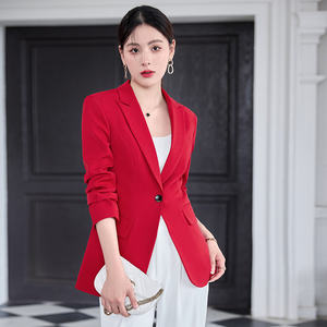高端红色小西装外套女士韩版英伦风OL通勤一粒扣长袖西服职场上衣