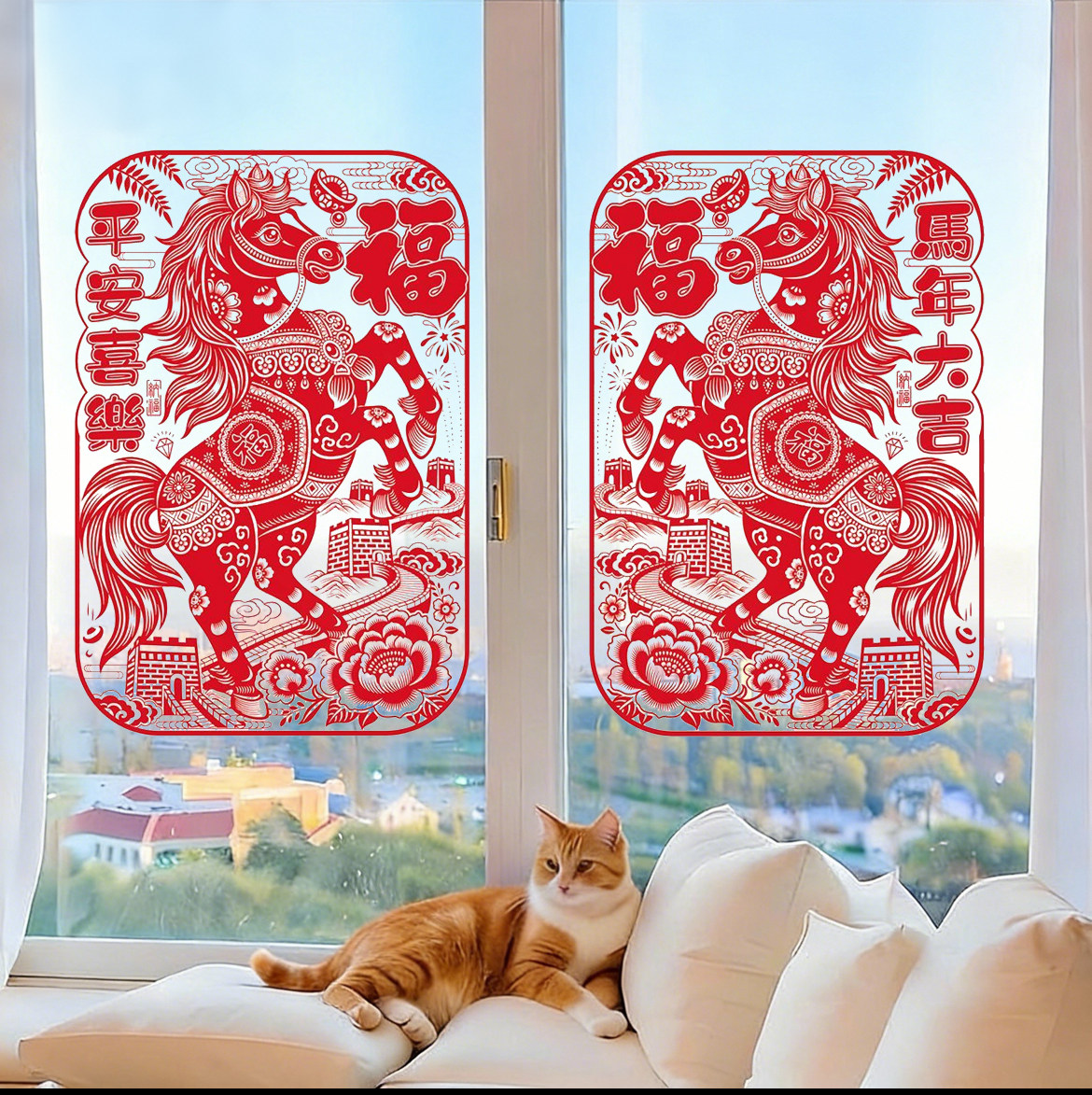 加大号马年植绒静电窗花生肖福字玻璃贴纸装饰年画剪纸过年窗贴对