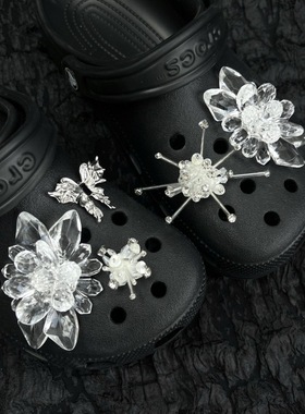 水晶花朵白色手工钉珠鞋扣雪花亮片珠管花洞洞鞋配饰diy可拆鞋花