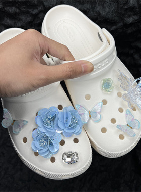 洞洞鞋配饰DIY鞋扣鞋花立体蝴蝶结花朵蓝色飞蝶适配crocs