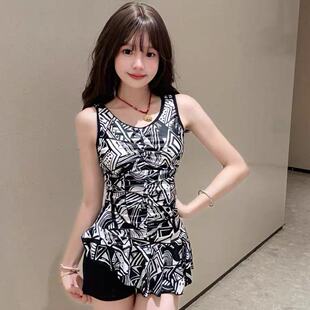 连体泳衣女印花收腰显瘦遮肉修身 无袖 圆领专业游泳衣 时尚 2026新款