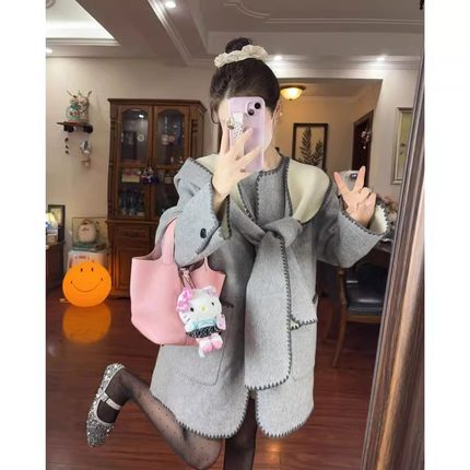 灰色毛呢外套女秋冬季高级感赫本风复古小个子双面呢子中长款大衣