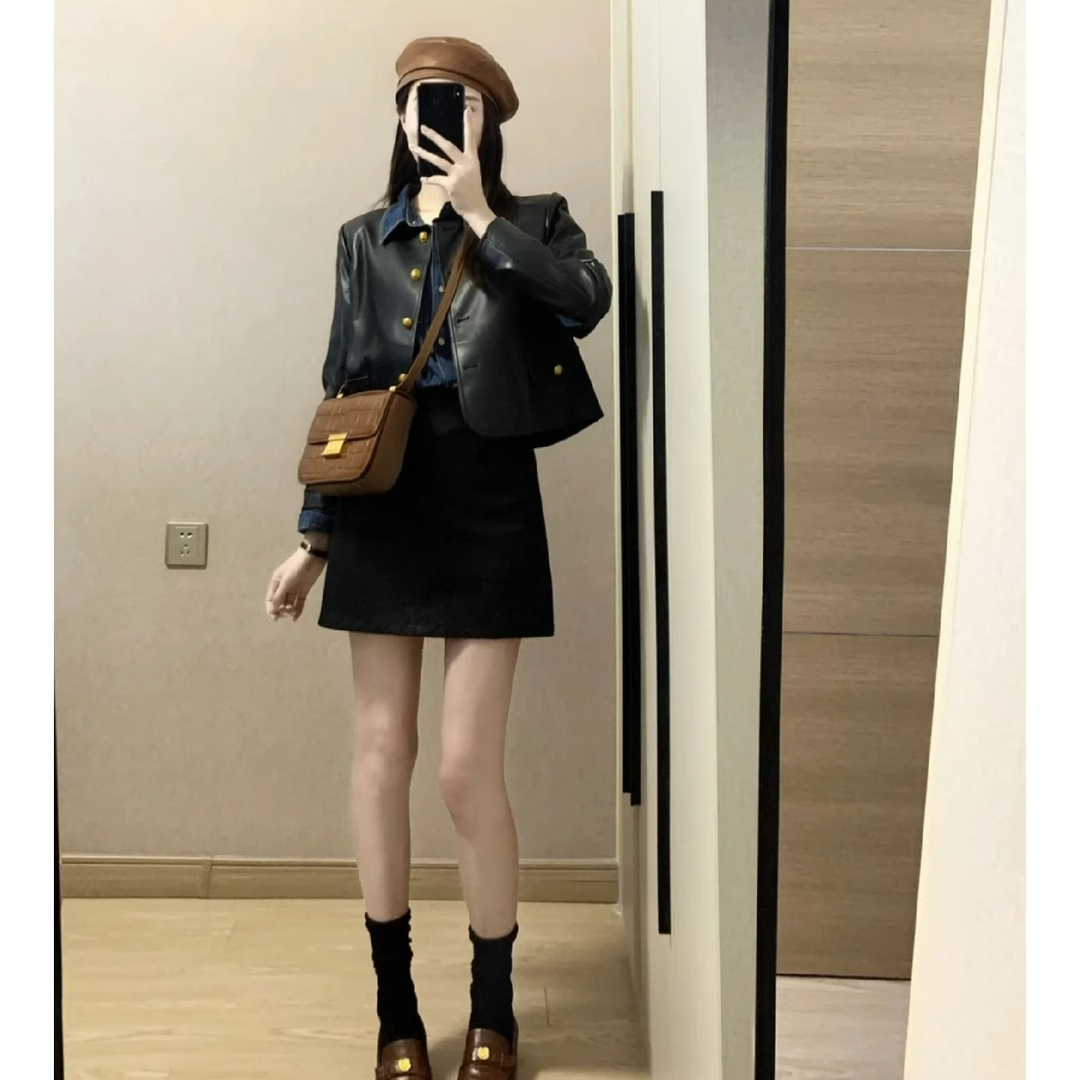 网红炸街皮衣外套半身裙两件套