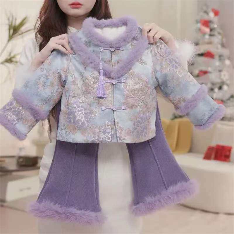 女童冬季加绒中式唐装两件套年服