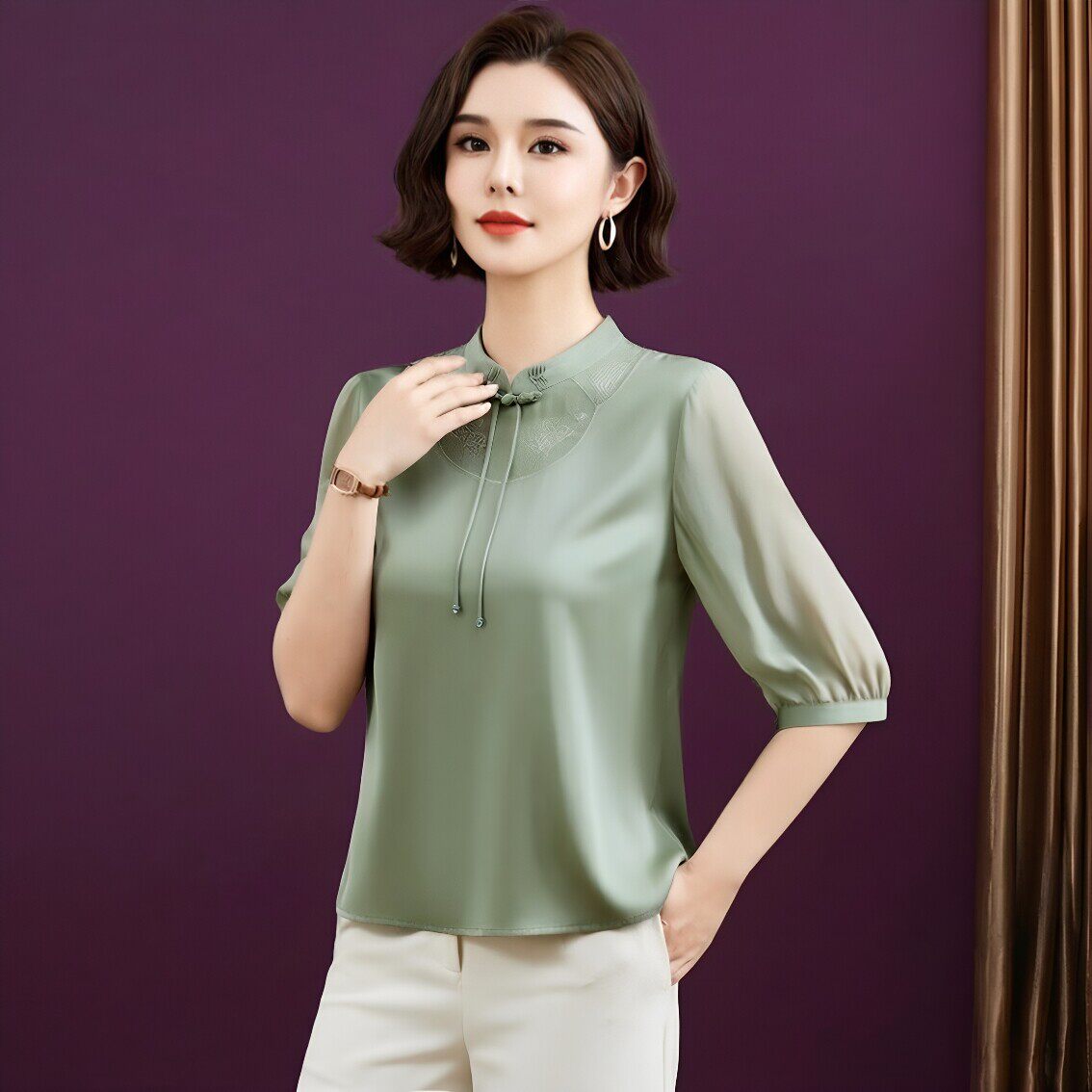 2026夏新中式立领妈妈装中袖真丝衬衫女洋气OL重磅桑蚕丝上衣小衫