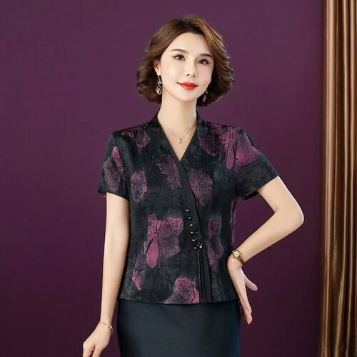高端新中式真丝妈妈装2026夏短袖大码复古印花提花端庄气质小衬衫