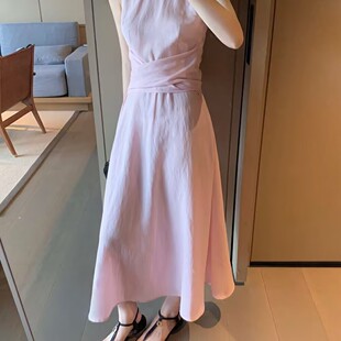 EASE正品设计款女装大牌气质韩系高级感度假风收腰显瘦绑带连衣裙