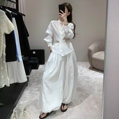 韩版扭结长袖衬衫+灯笼裤长裤女