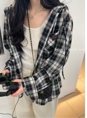 十三行格纹衬衣女装SAINA FASHION秋季新款宽松连帽格子韩系衬衫