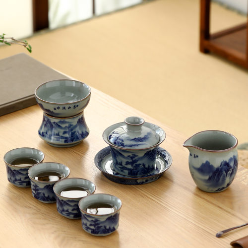 老陶泥山水茶具套装手工釉下青花功夫茶具复古家用泡茶壶茶杯整套