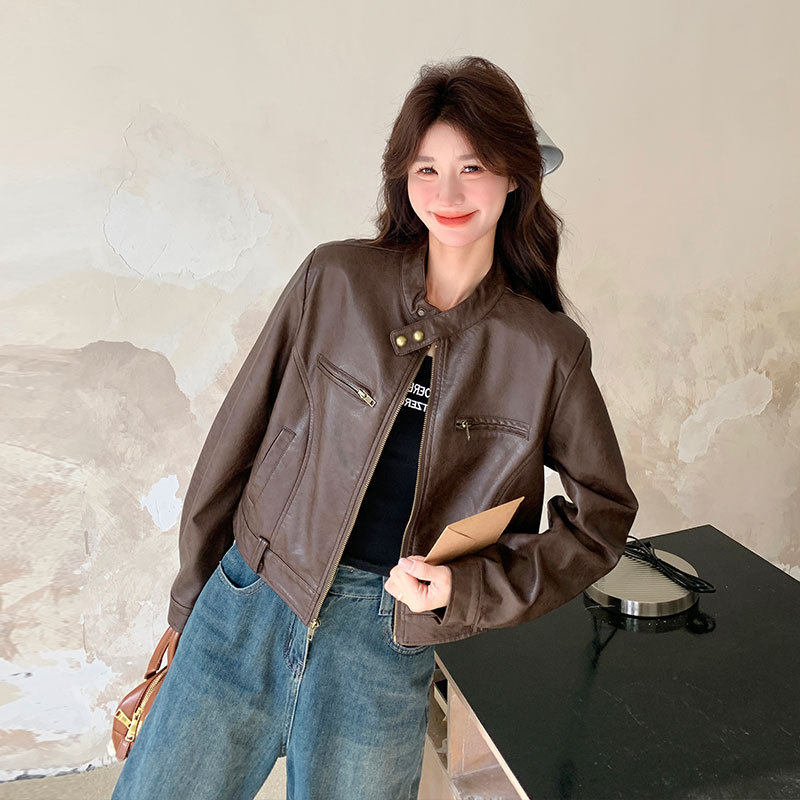 潮牌PU机车短款夹克皮衣外套秋季新款复古经典黑色酷女孩立领外套