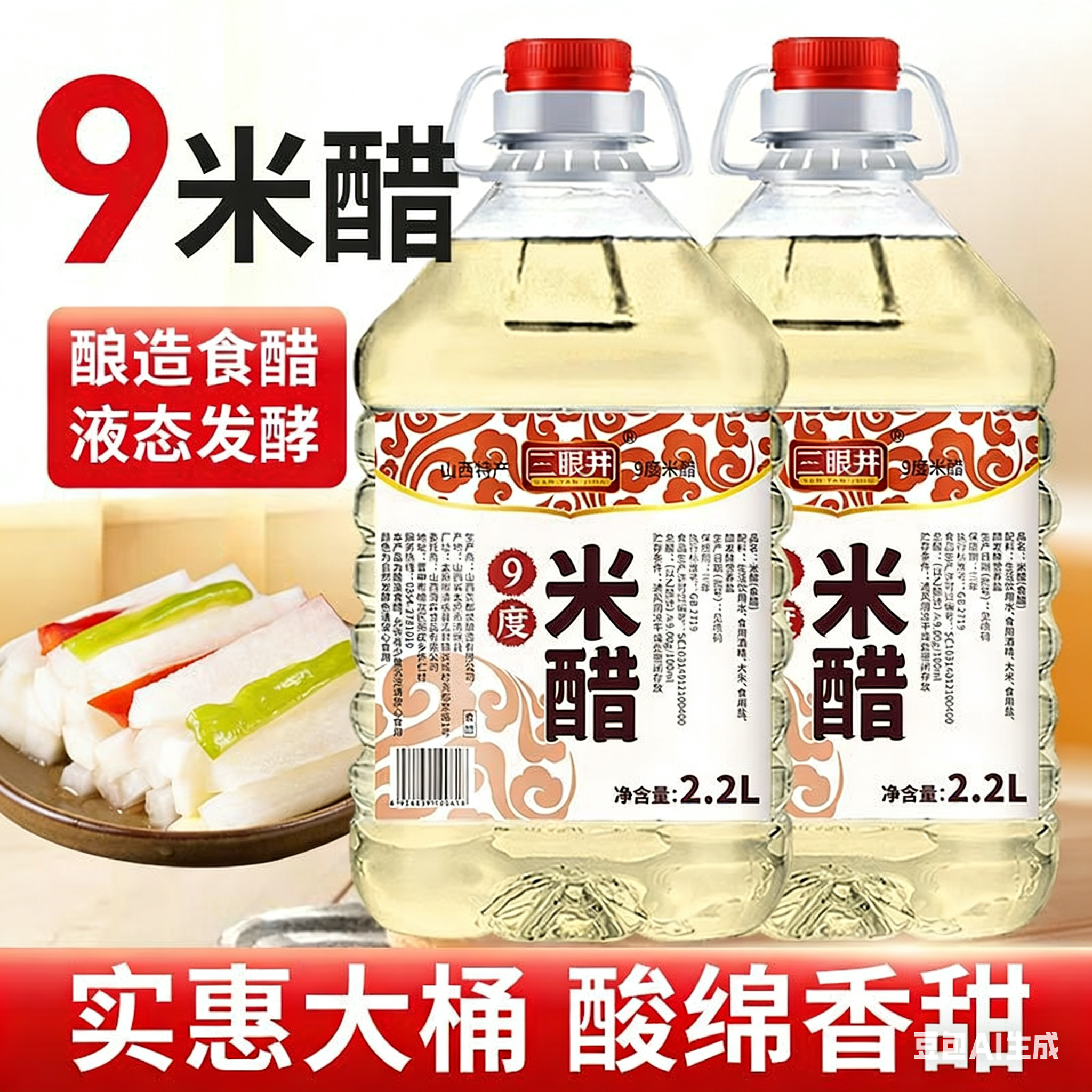 三眼井9度米醋2.2L家用大桶酿造食醋烹调炒菜泡鸡蛋泡菜洗脸泡脚