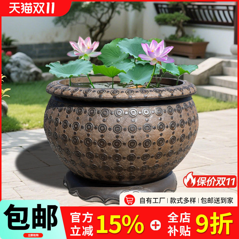 石雕鱼缸天然青石仿古做旧庭院风水摆件石头缸养花养鱼户外石缸