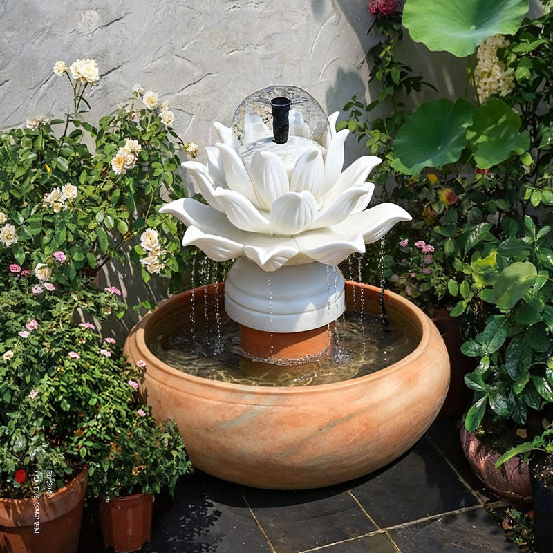 石雕莲花汉白玉晚霞红喷水户外庭院酒店园林流水景观定制水景摆件