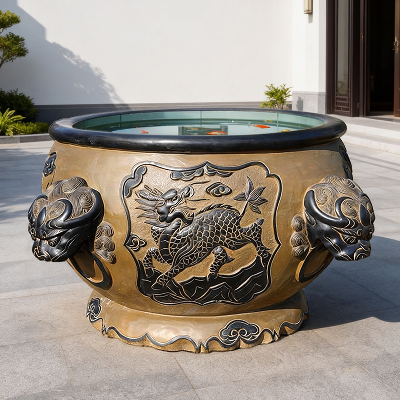 石雕鱼缸花盆仿古兽头养鱼荷花室外新中式别墅庭院门海摆件石头缸