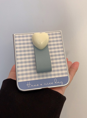 小羊皮蓝色格子指环扣适用于三星zflip7/6手机壳oppofindn3flip折叠华为pocket2荣耀MagicVFlip翻盖vivoxflip