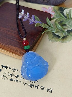 天然高冰蓝色玉髓佛公吊坠大小号齐全天空蓝宝蓝色弥勒佛女士项链